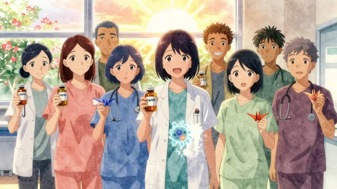 Patients tenant des comprimés de chimiothérapie sous un lever de soleil.