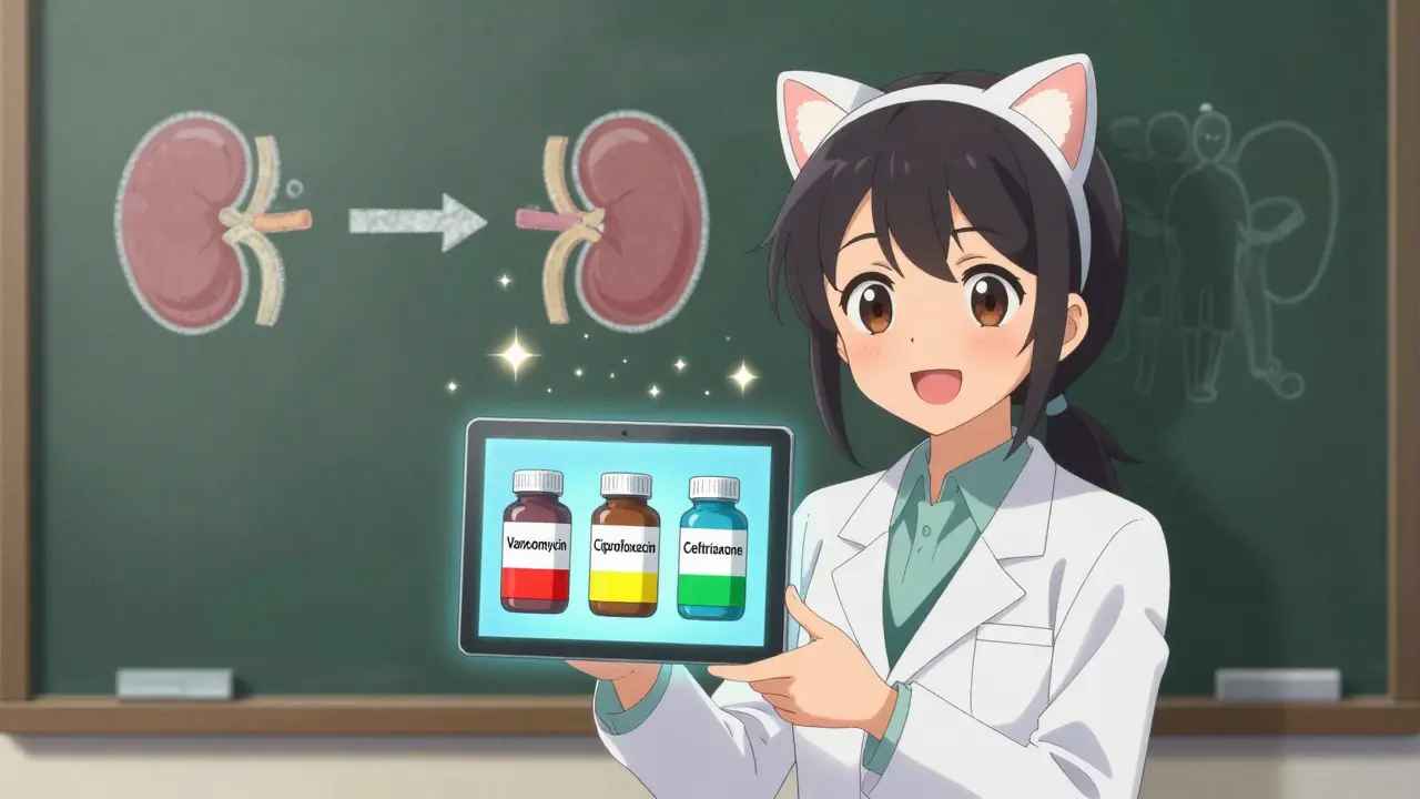 Pharmacienne avec une tablette affichant trois antibiotiques colorés, un tableau comparatif des doses correctes et incorrectes.