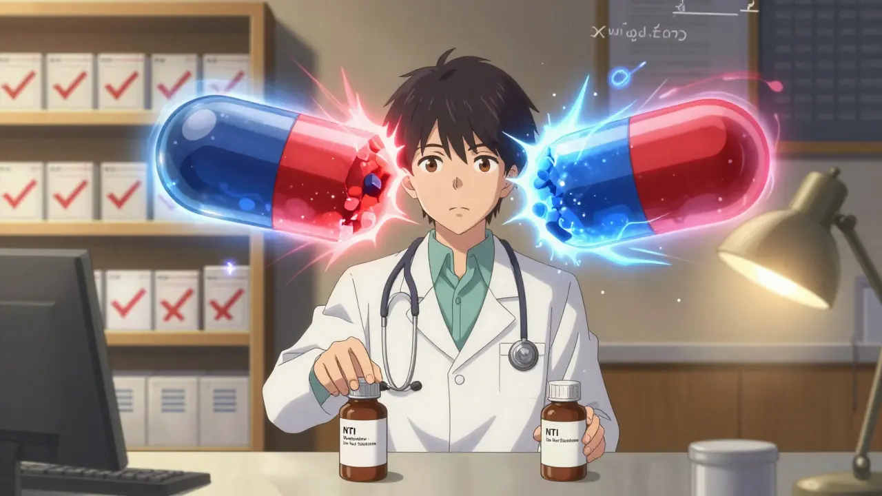 Pharmacienne posant deux bouteilles de médicaments NTI non substituables, des fragments de pilule instables émettent des ondes dangereuses.