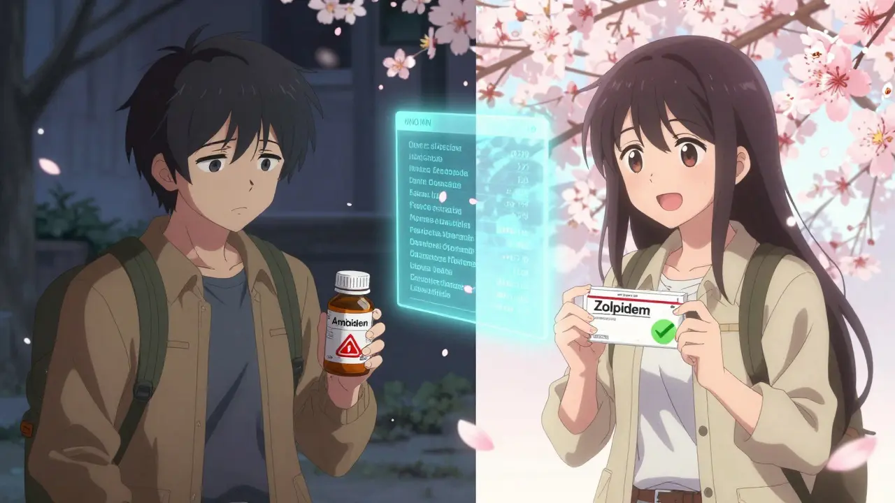Scène divisée : d'un côté Ambien avec avertissement, de l'autre Zolpidem avec coche verte, une base de données médicale flotte au milieu.