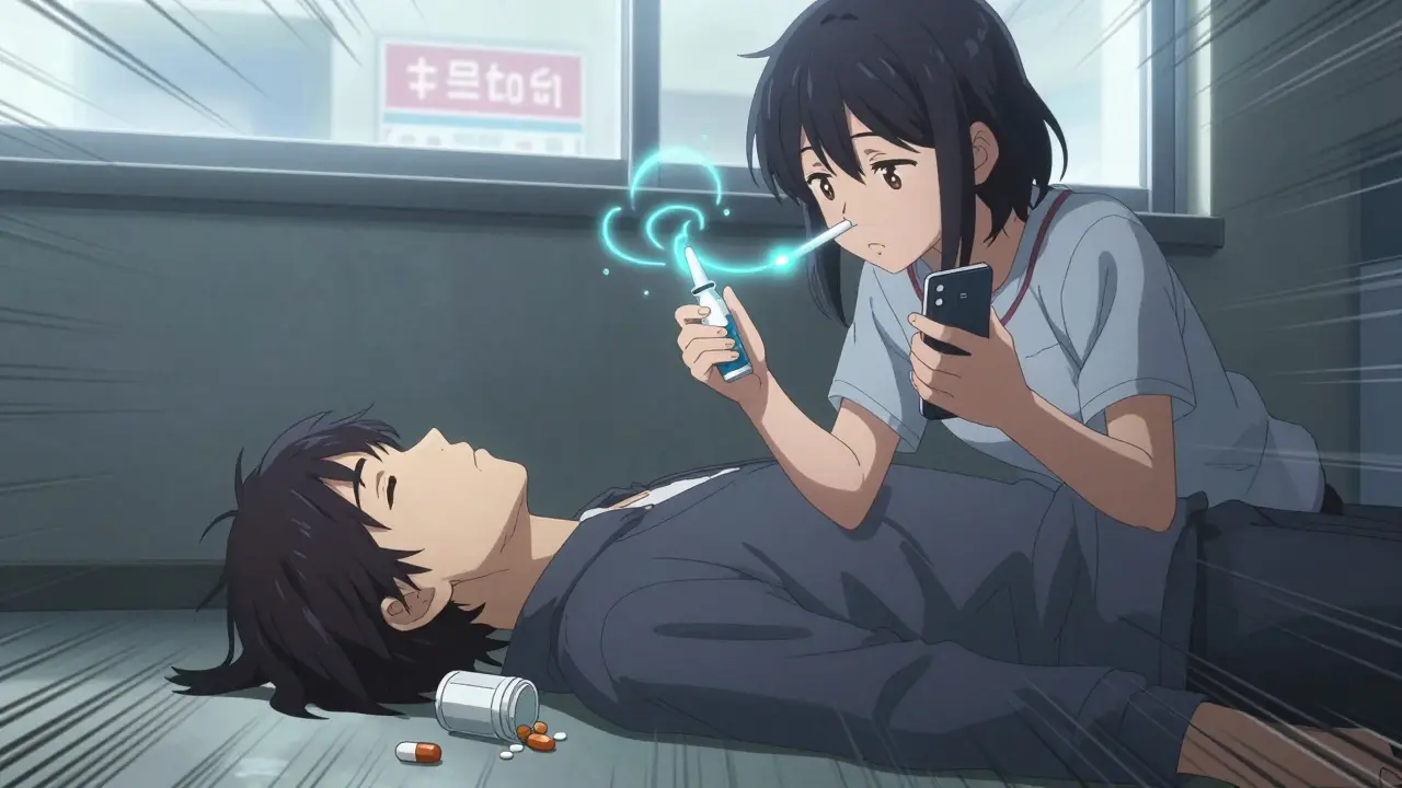 Un adolescent administre une naloxone nasale à un ami inconscient, tout en appelant les secours.