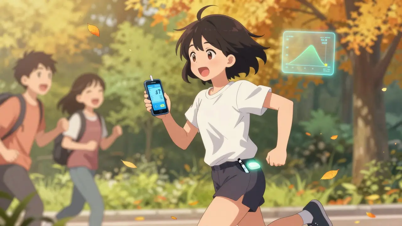 Un adolescent court dans un parc, une pompe à insuline collée à la hanche, un stylo d'insuline dans la poche, souriant sous le soleil.