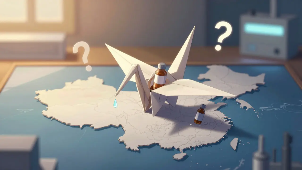 Un crane en bouteilles de médicaments qui s'effondre au-dessus de la Chine et de l'Inde.