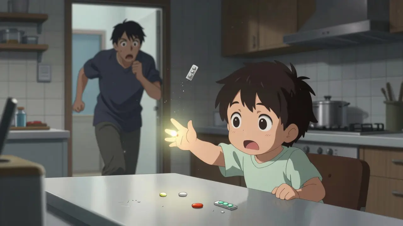 Un enfant tente de ramasser un comprimé tombé sur le plan de travail, tandis qu'un parent court pour l'arrêter.