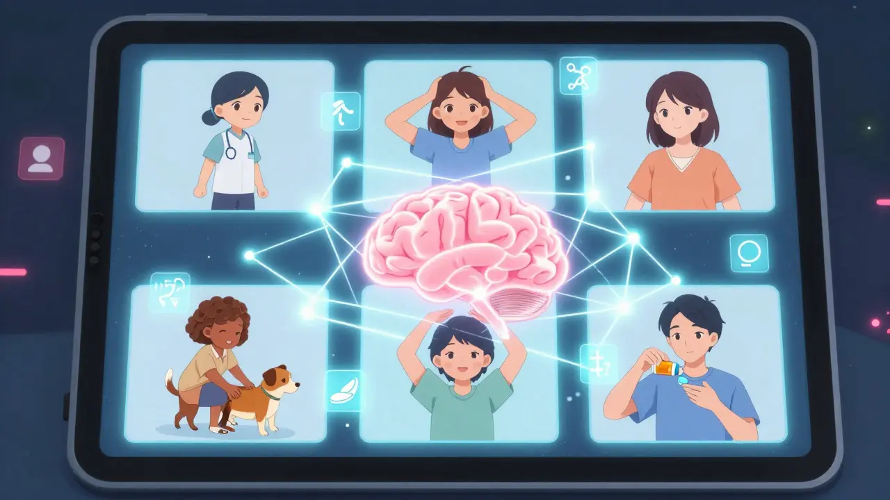 Un groupe de patients en séance virtuelle, connectés par des lumières formant un réseau cérébral.