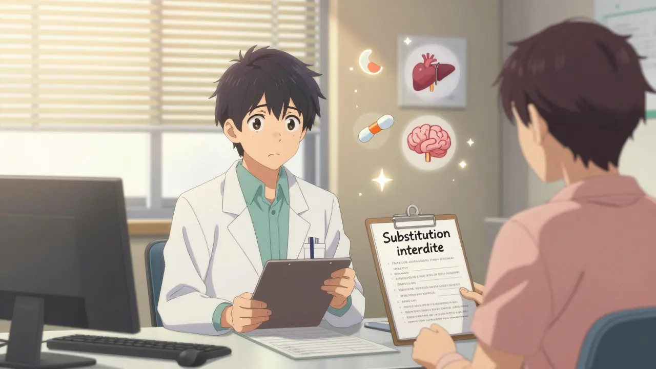 Un médecin et un pharmacien discutent avec inquiétude autour d'une ordonnance interdisant la substitution de médicaments combinés.