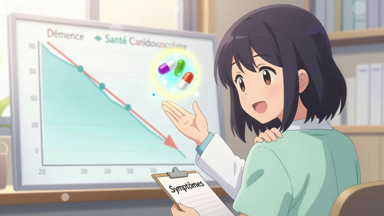 Un médecin rassure un patient avec des données visuelles sur les statines, style anime moe.