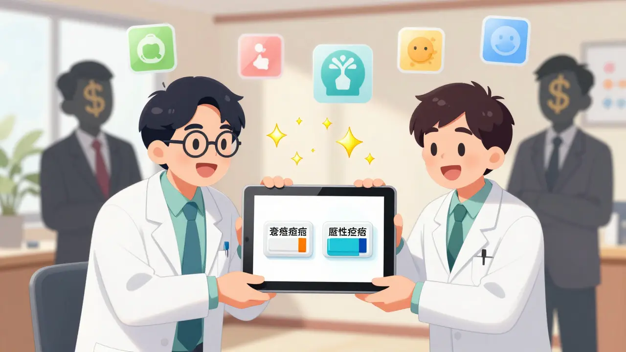 Un pharmacien et un médecin discutent d'une alternative thérapeutique moins chère, tandis que des silhouettes corporatives tentent de les dissuader.