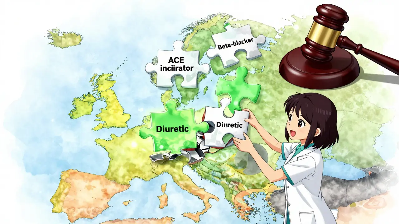 Un puzzle brisé représentant des ingrédients médicamenteux avec une carte de l'Europe montrant les différences de réglementation.