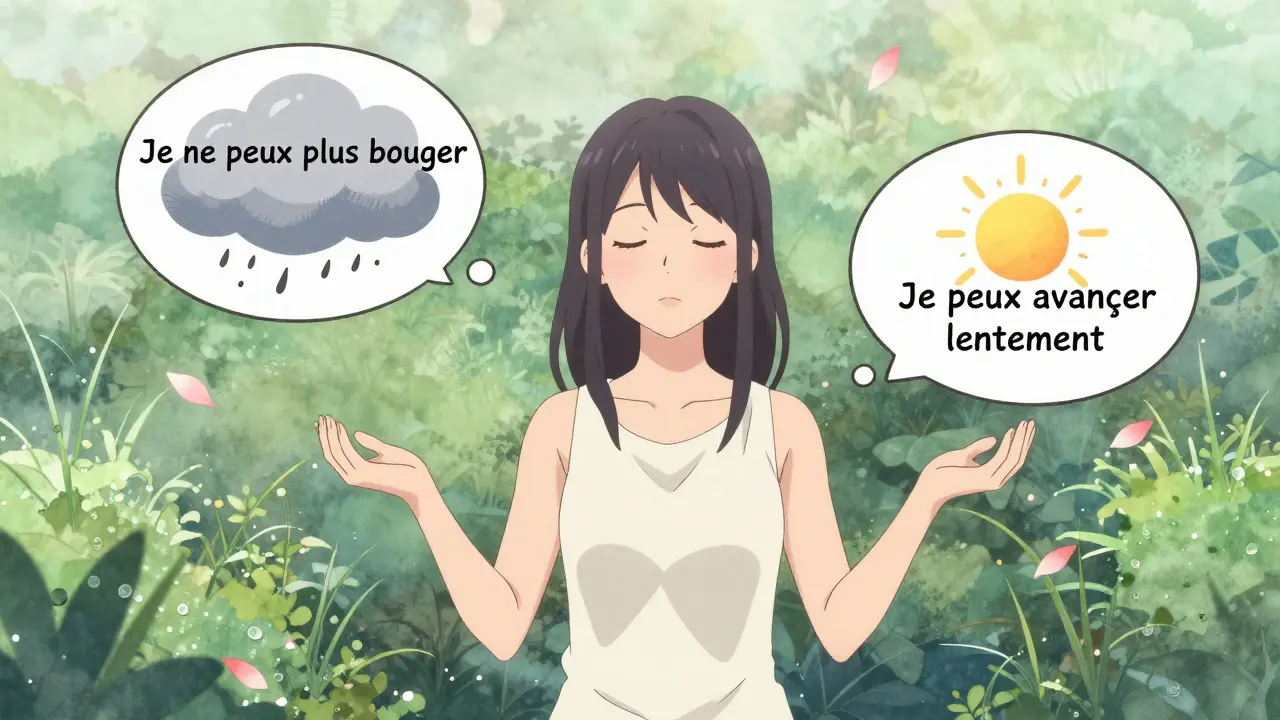 Une femme respire paisiblement dans un jardin au lever du jour, des pétales flottent autour d'elle.