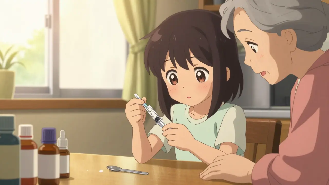 Une fille mesure précisément un liquide médicamenteux avec une seringue fournie, sous l'œil bienveillant de sa grand-mère.