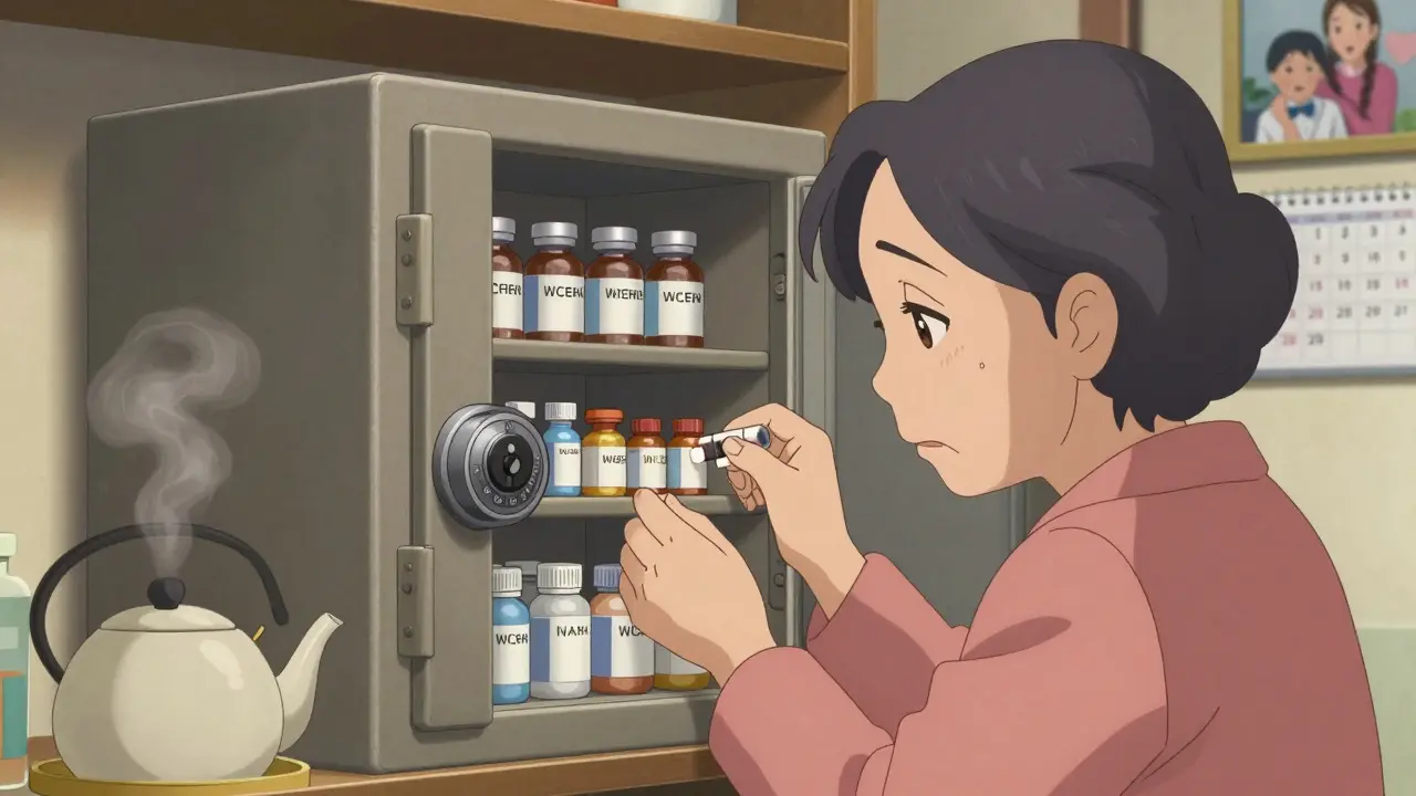 Une grand-mère utilise un coffre-fort médical à code à gros boutons pour sécuriser ses traitements.