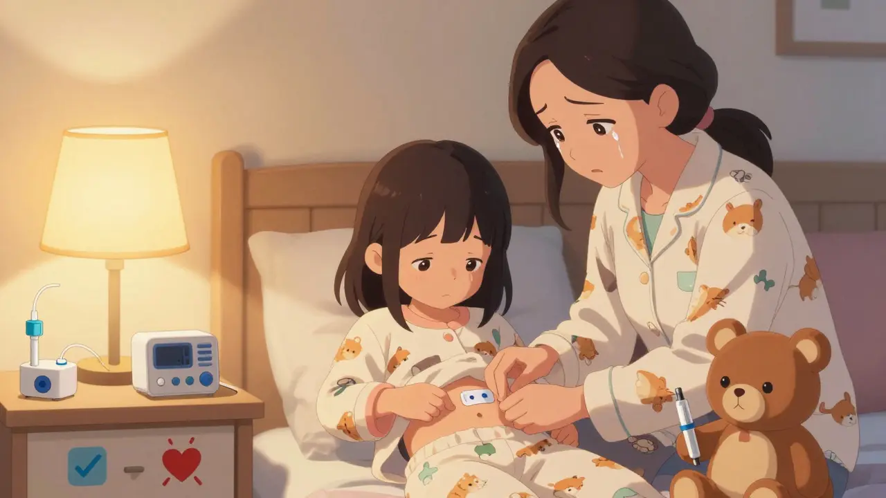 Une mère aide sa petite fille à poser une nouvelle pompe à insuline, toutes deux en pyjama, dans une chambre chaleureuse.