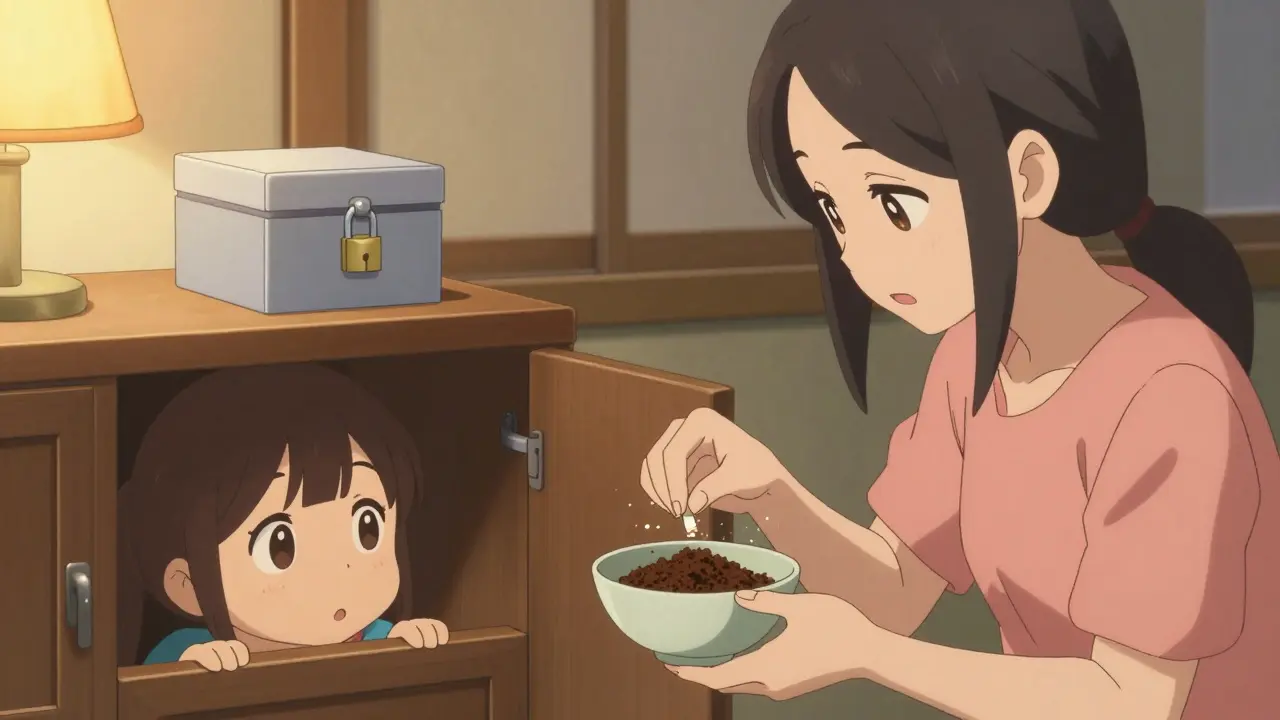 Une mère mélange des comprimés avec du marc de café pour les éliminer en sécurité.