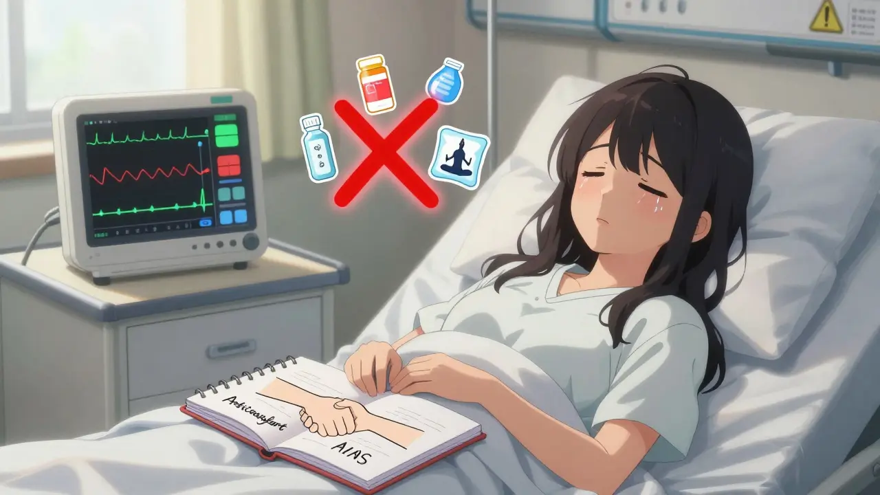 Une patiente à l'hôpital, pâle, entourée de symboles de soulagement sans risque et d'un avertissement rouge.