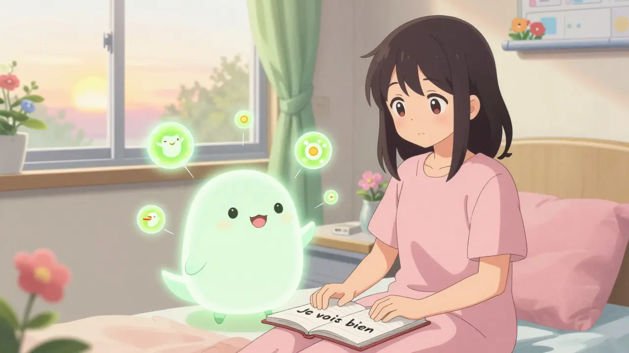 Une patiente en chimiothérapie dans une chambre douce, entourée de symboles lumineux de médicaments et une fenêtre sur un lever de soleil.