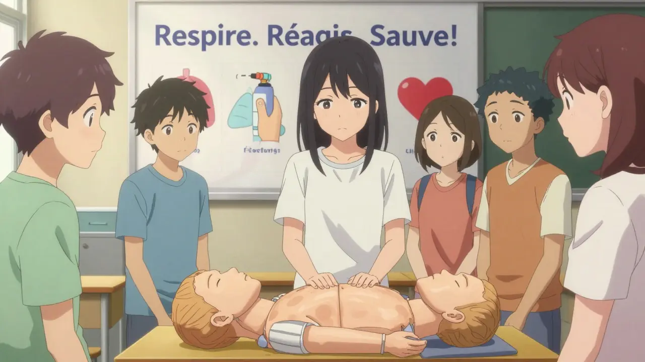 Des jeunes apprennent à placer une personne en position latérale de sécurité dans un centre de réduction des risques.