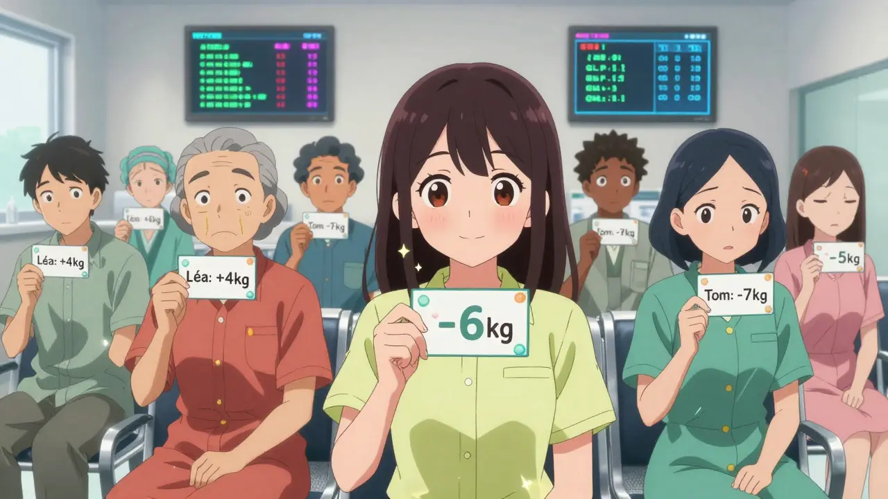 Des patients dans une salle d'attente tenant des cartes personnalisées indiquant leur prédiction de variation de poids.