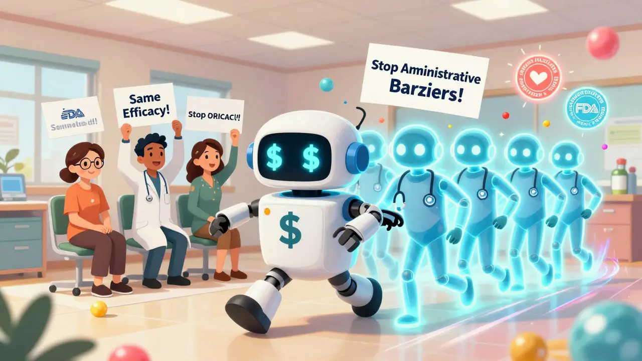 Des patients et médecins poussent un robot assurance en arrière, soutenus par des héros biosimilaires brillants.