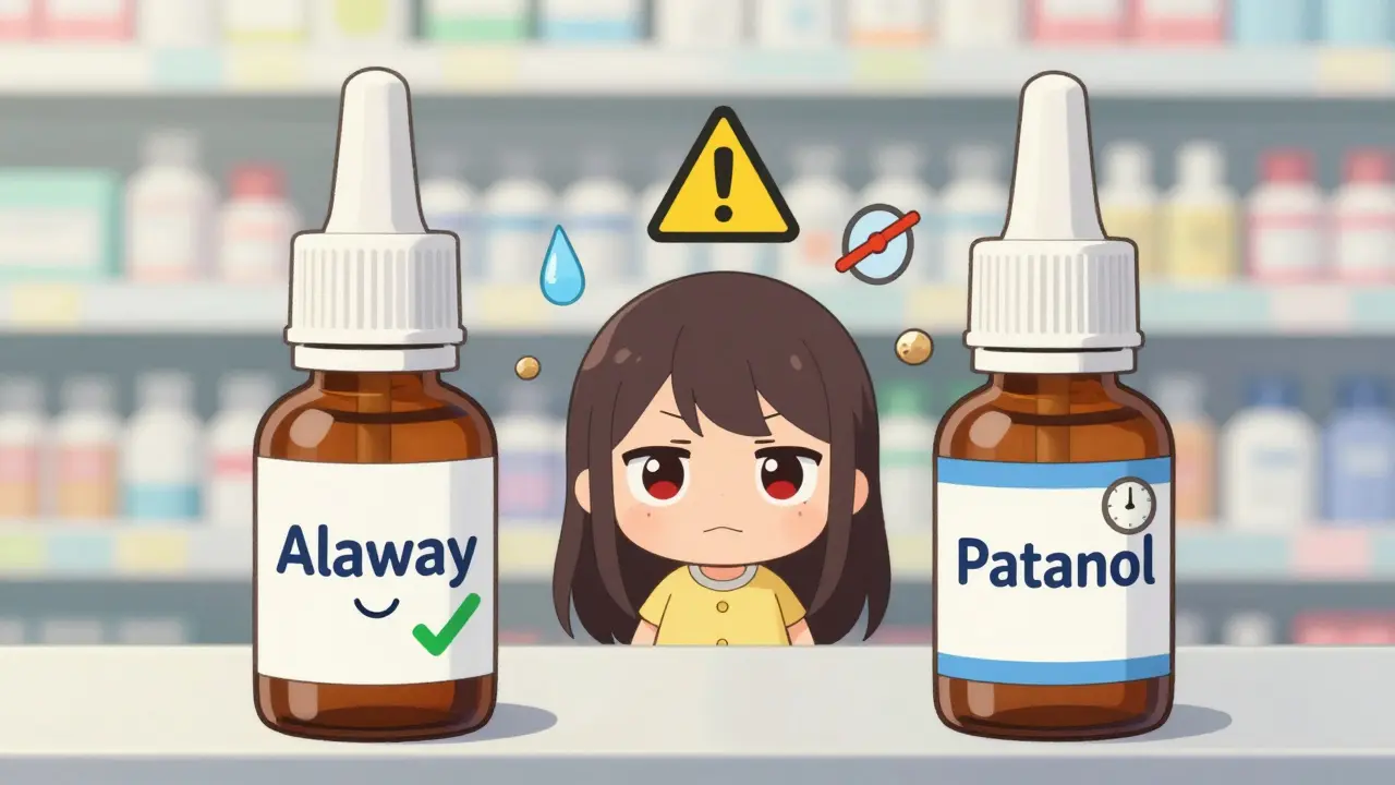 Deux bouteilles de collyres personnifiées en personnages anime, l'une joyeuse, l'autre sérieuse, avec un troisième personnage aux yeux irrités.