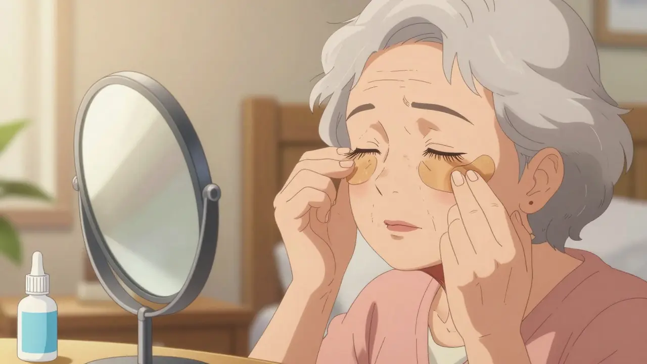 Femme âgée appliquant un ruban adhésif sur la paupière inférieure devant un miroir.