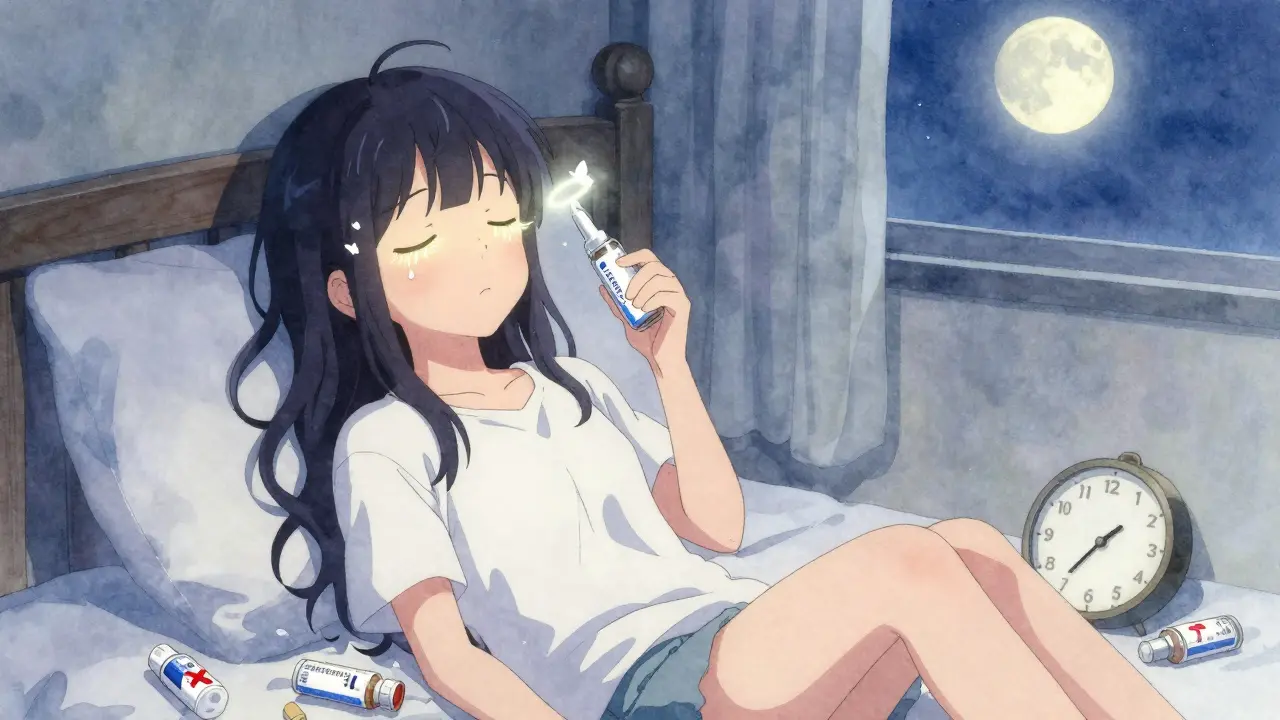 Fille aux yeux apaisés, une goutte unique en main, des papillons sortent de ses yeux, une bouteille jetée à terre avec une croix rouge.