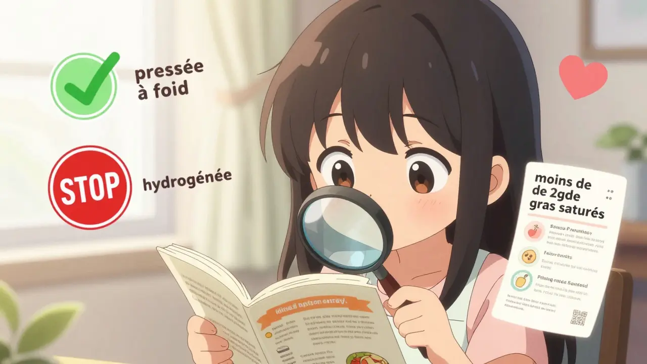 Fille lisant une étiquette alimentaire avec des icônes flottantes indiquant les bons et mauvais ingrédients.