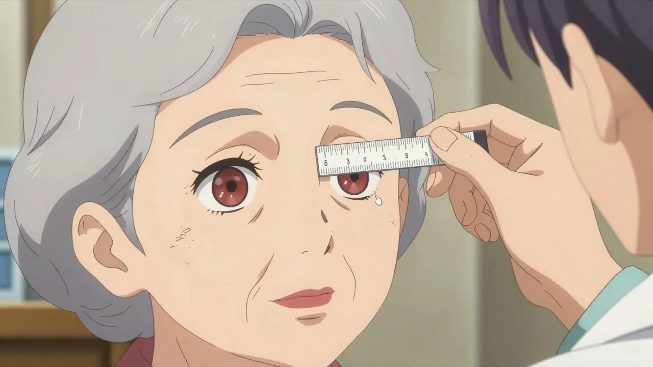 Médecin mesurant la distance MRD sur un œil rouge et larmoyant.