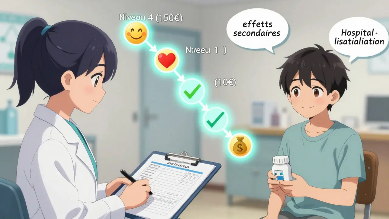 Médecin remplissant un formulaire d'exception avec un schéma animé montrant la réduction de coût d'un médicament.