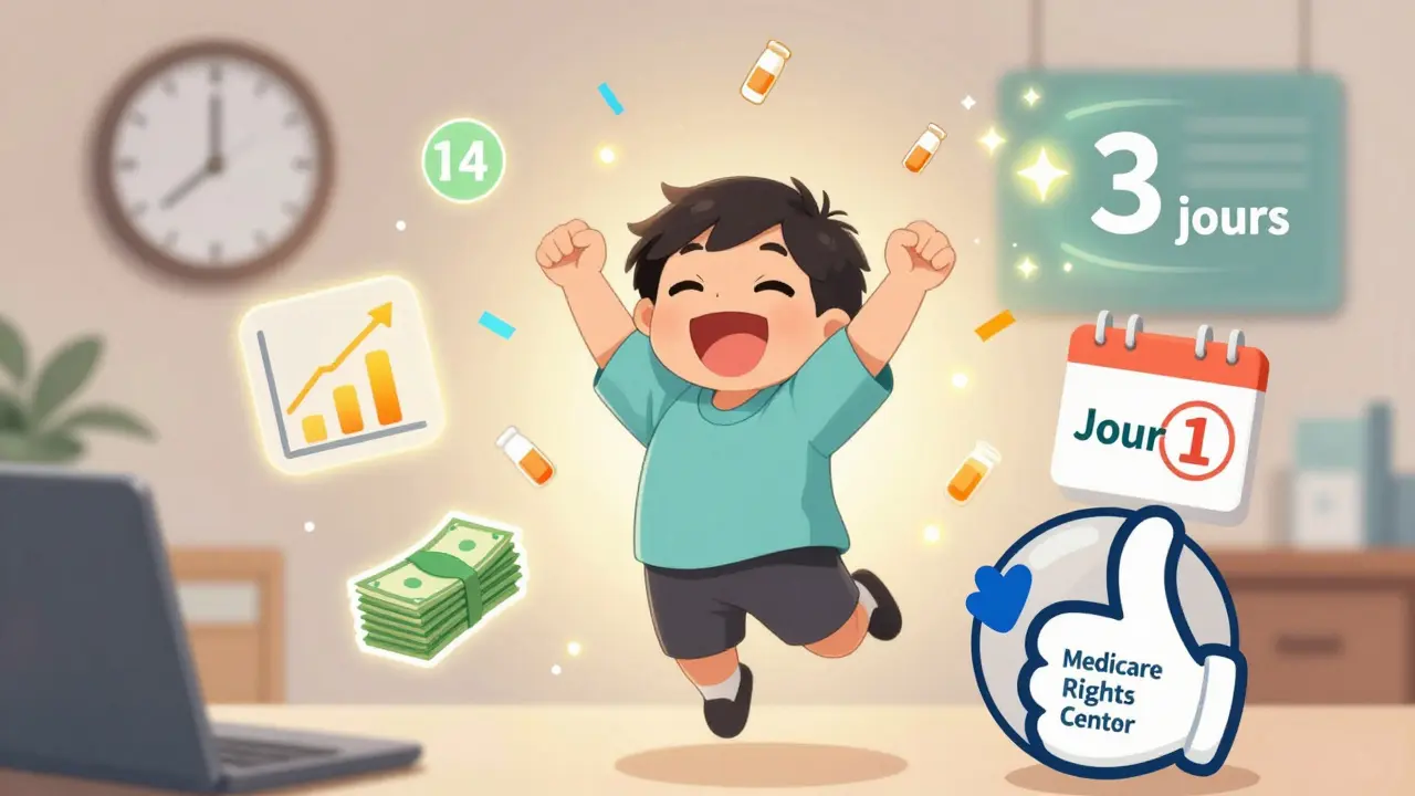 Patient célébrant l'approbation de son exception de niveau avec des icônes animées de réduction de frais.