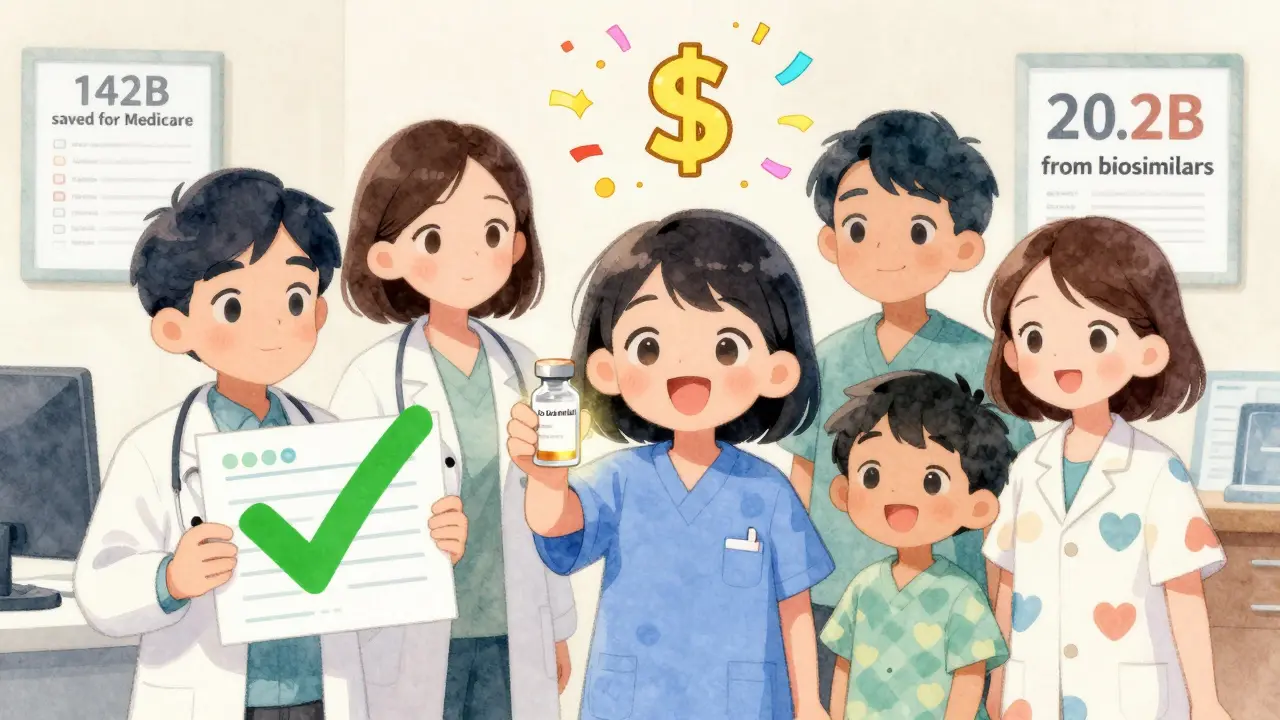 Patients heureux dans un cabinet médical entourés de symboles d'économies de santé.