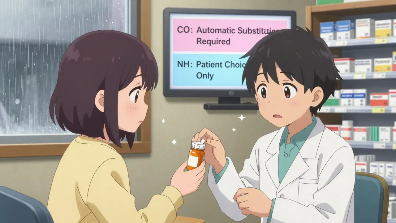 Pharmacien remettant un médicament à un patient, écran affichant des règles différentes selon les États.