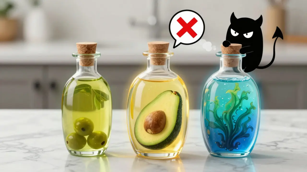 Trois bouteilles d'huiles saines brillantes à côté d'une huile de coco avec un symbole d'avertissement.