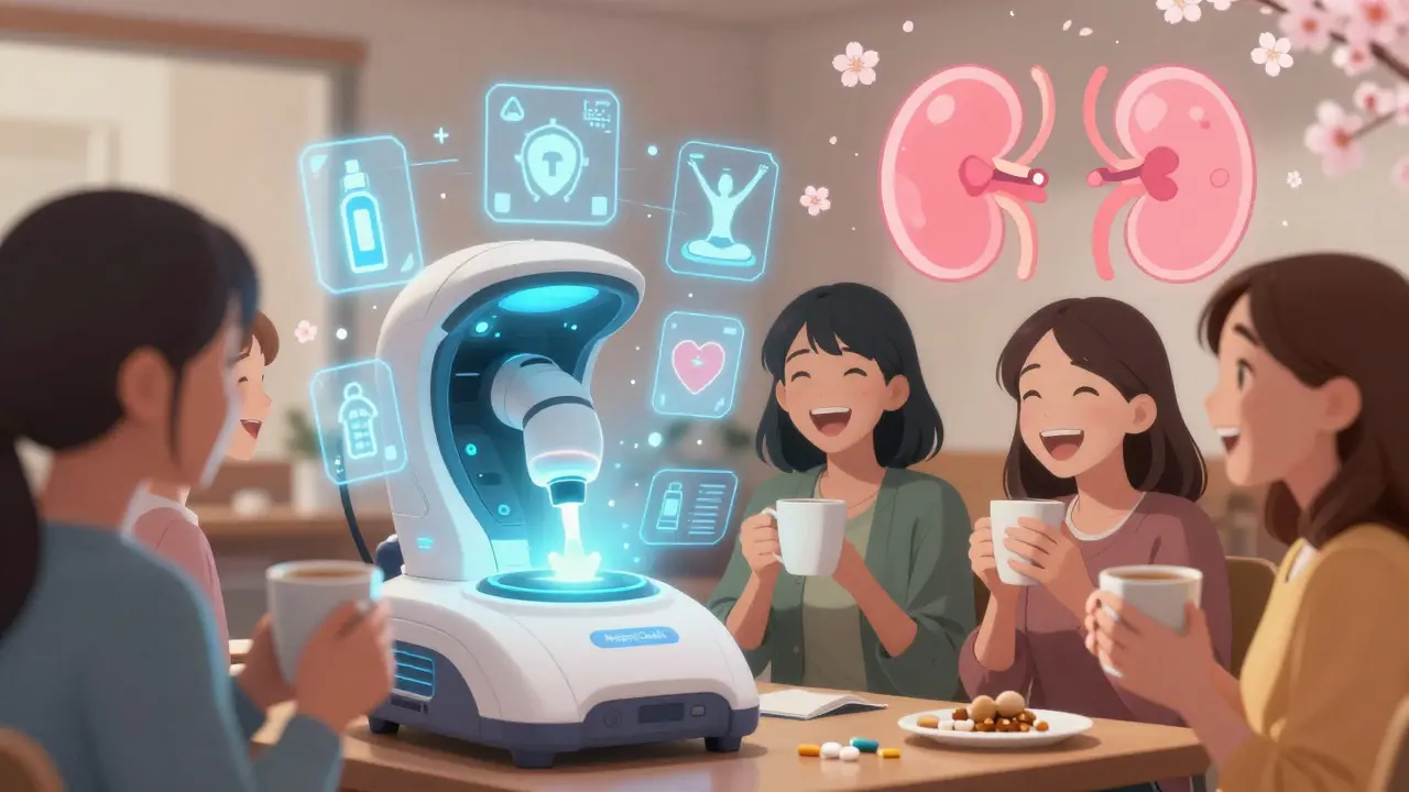 Un appareil médical haute-tech analyse une urine avec des alternatives sûres à la douleur flottant autour, sous un éclairage doux.