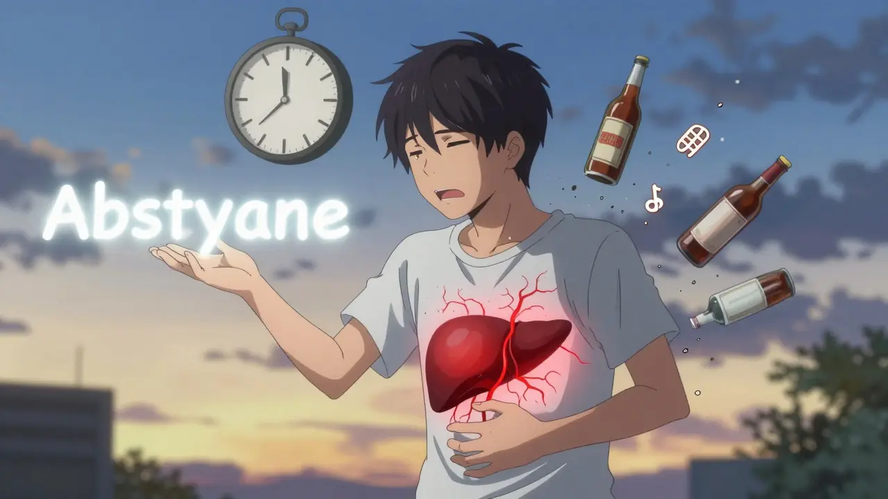 Un garçon tient son ventre, son foie est enflammé, des bouteilles d'alcool se brisent devant lui.