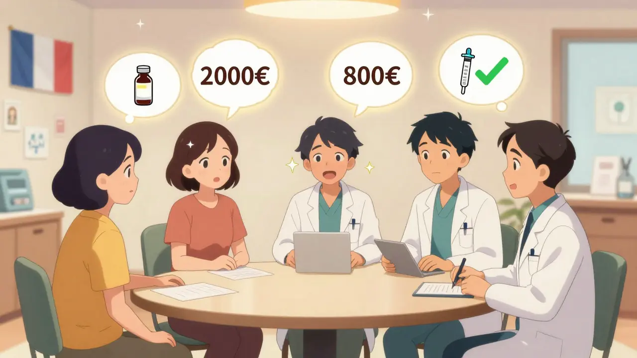 Un groupe de patients et médecins discute autour d'une table avec des bulles de pensée comparant les coûts des traitements.