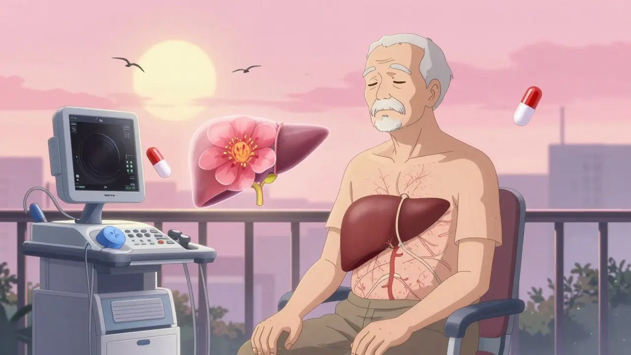 Un homme âgé assis sur un balcon, son foie cicatrisé se régénère doucement sous un ciel de aube.