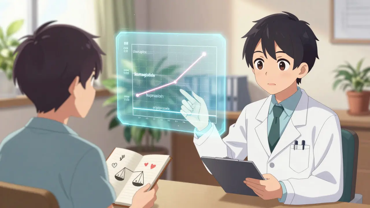 Un médecin et un patient regardant un graphique holographique comparant l'effet de différents médicaments sur le poids.