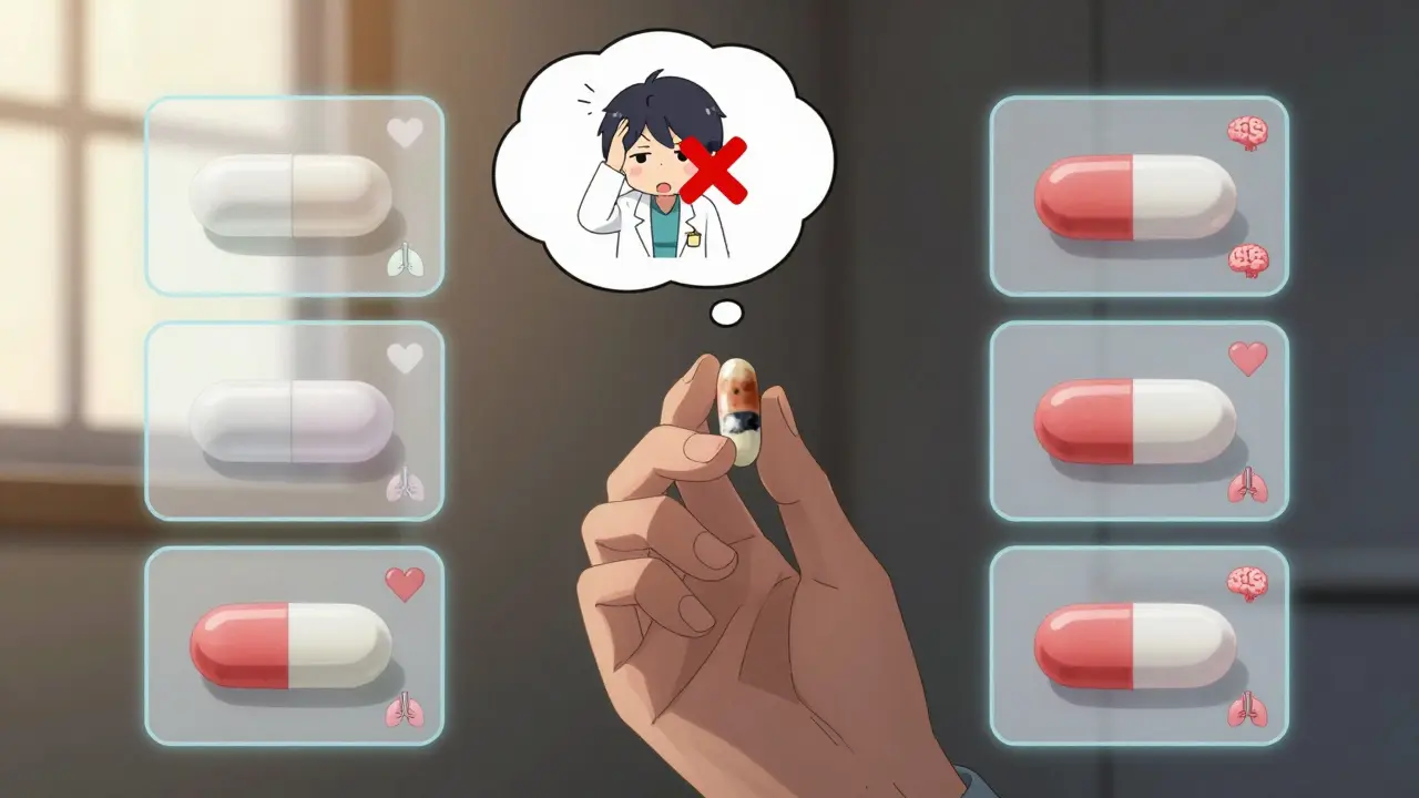 Un patient tenant une pilule tachée, avec un bubble de pensée montrant un médicament défectueux et des symboles de santé affaiblis.