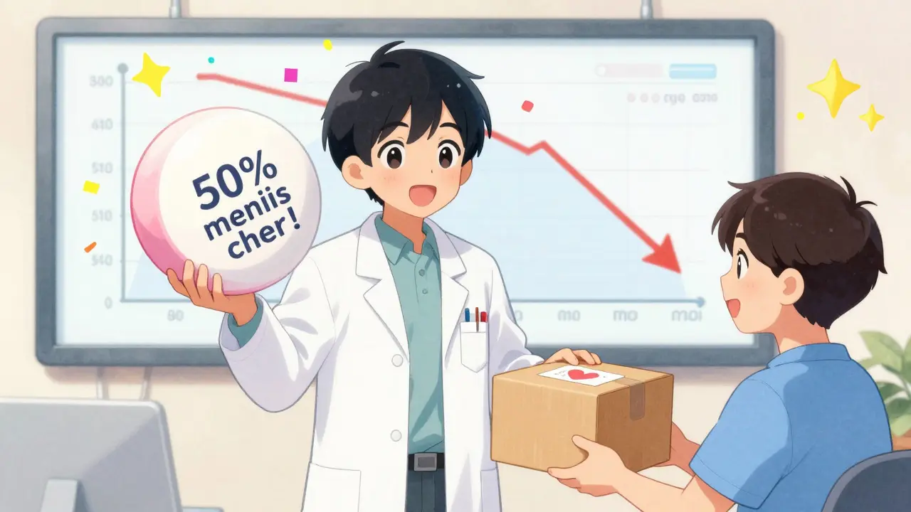 Un pharmacien montre un biosimilaire souriant et un colis de livraison à domicile, avec un graphique de baisse des coûts en arrière-plan.