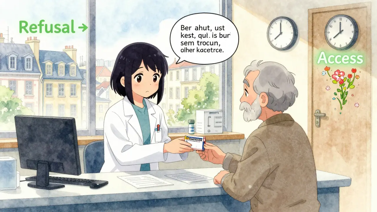 Un pharmacien remet un biosimilaire à un patient âgé, tandis que les obstacles administratifs disparaissent en fleurs.