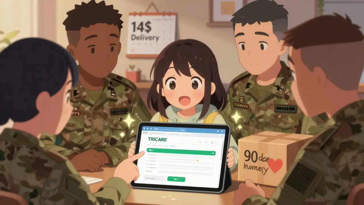 Une famille militaire regarde un écran affichant un médicament de niveau 1, avec une boîte de livraison à domicile et des lumières douces.