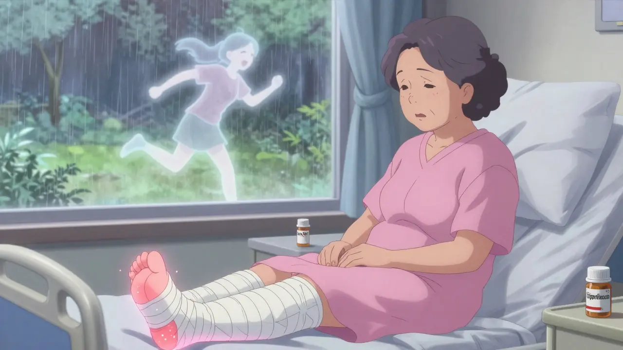 Une femme âgée sur un lit d'hôpital, ses jambes bandées, une image fantôme d'elle courant derrière elle, symbolisant la perte de mobilité.