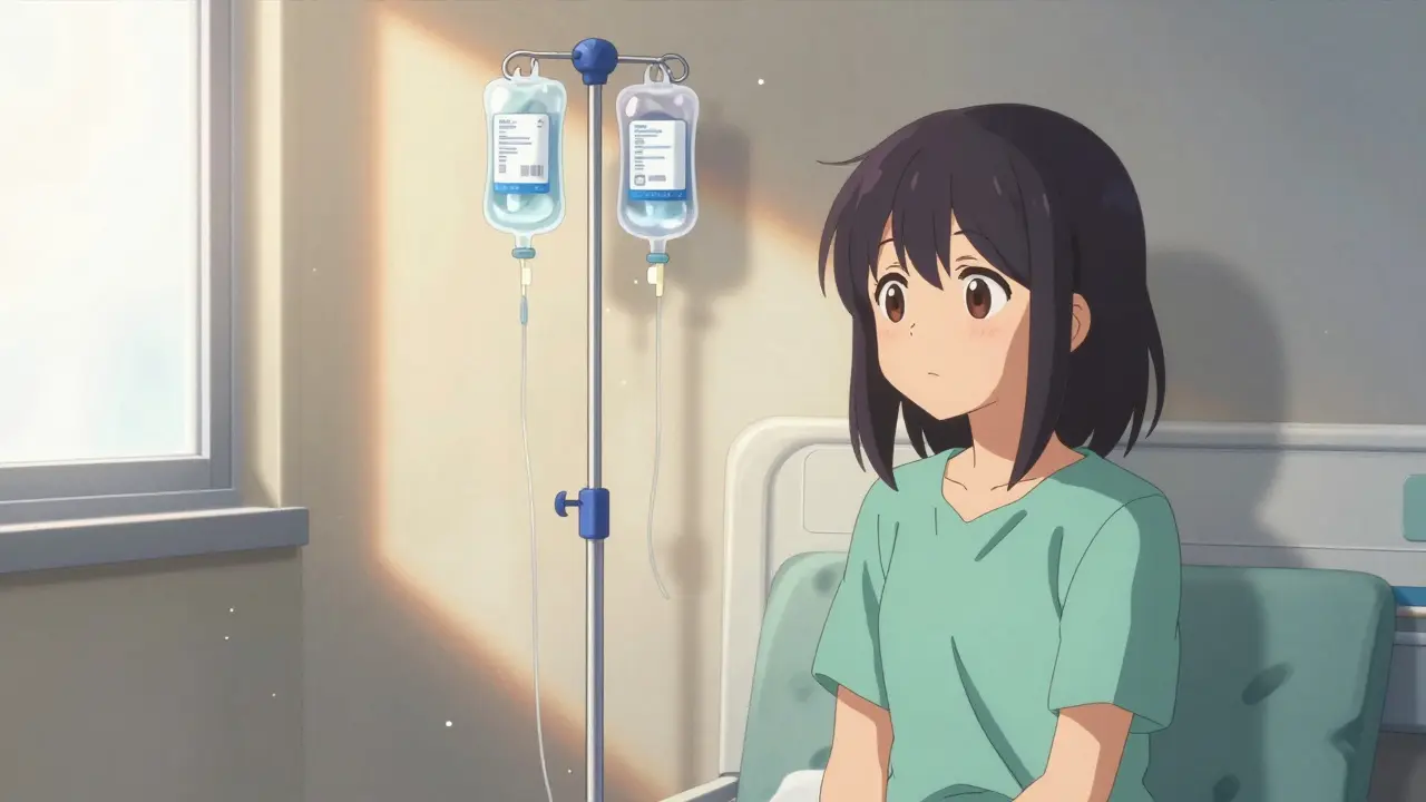 Chambre d'hôpital lumineuse avec perfusion intraveineuse et espérance.