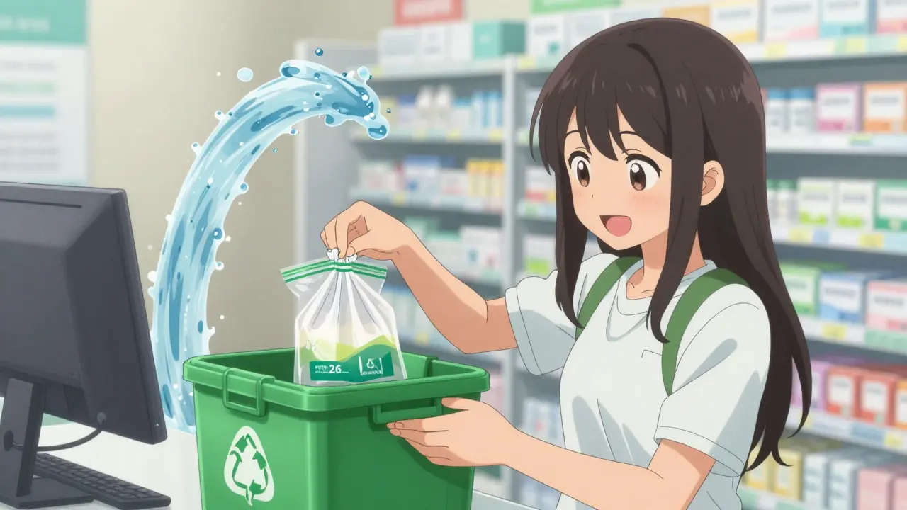 Dépôt sécurisé de médicaments dans un contenant spécial à la pharmacie.