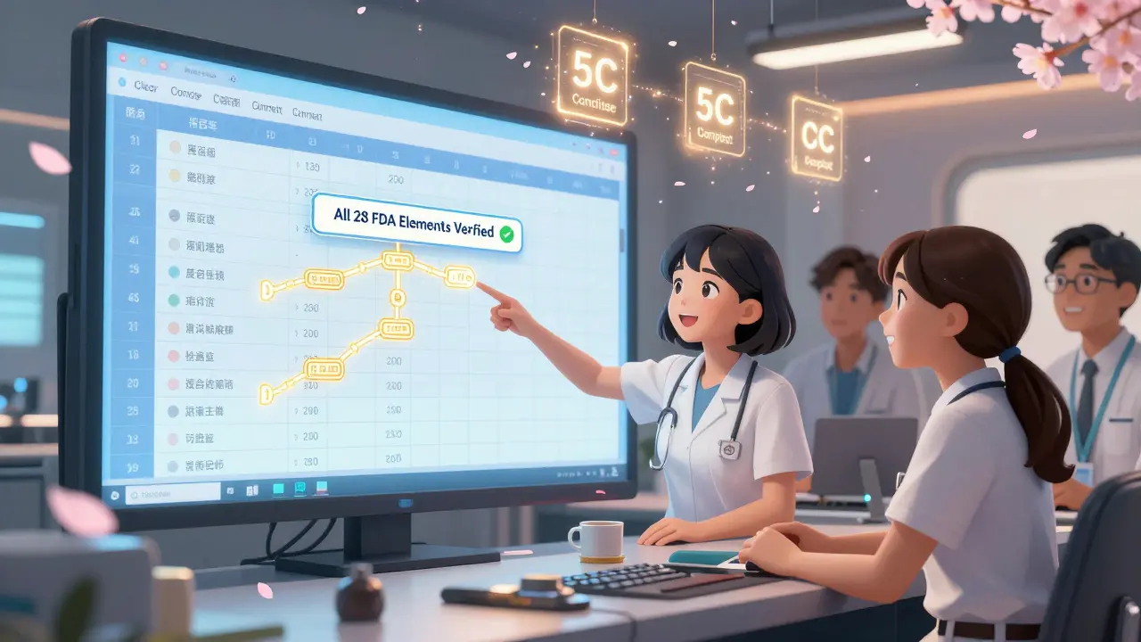 Des ingénieurs regardent un enregistrement de lot généré par IA, avec des liens de traçabilité brillants et les principes 5C en l'air.