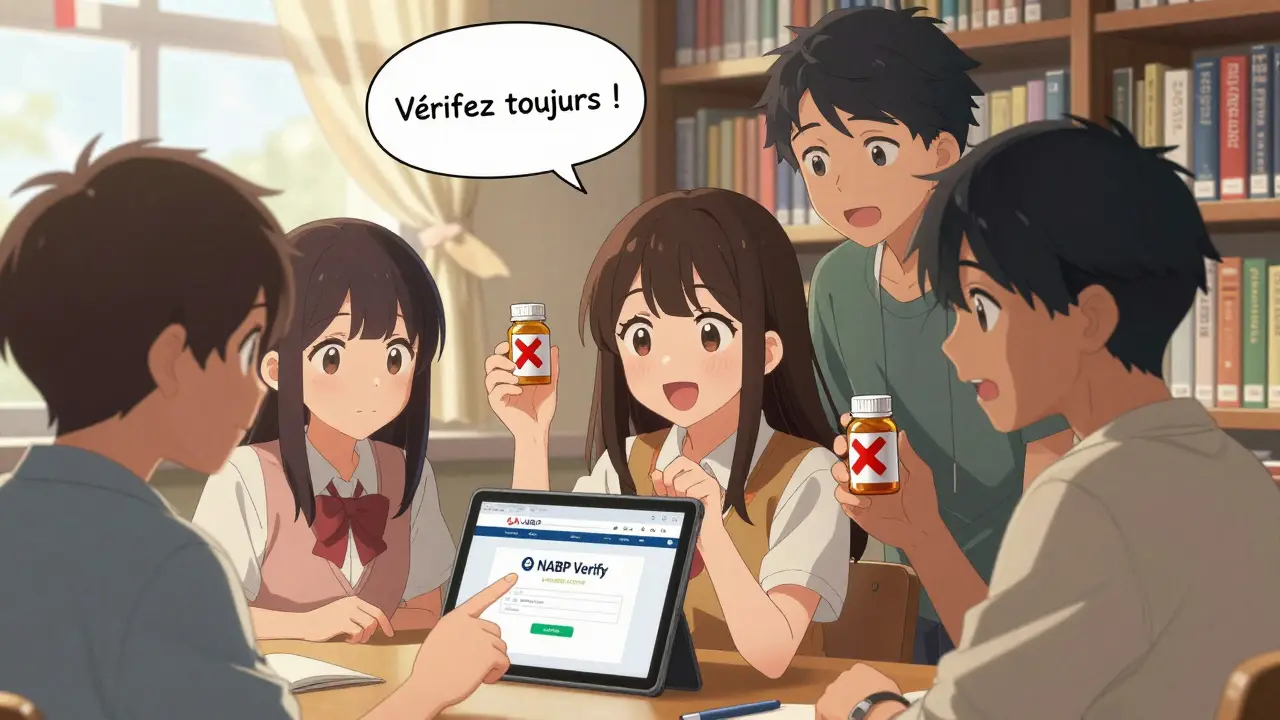 Des jeunes vérifient ensemble un site de pharmacie légitime dans une bibliothèque, un faux médicament est marqué d'une croix rouge.
