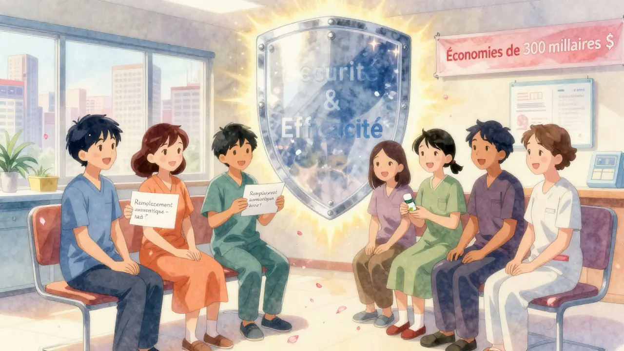 Des patients sourient en recevant leurs ordonnances sous un bouclier de sécurité, des pétales de cerisier tournoient autour d'eux.