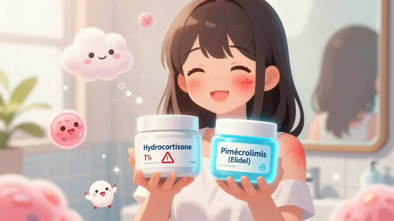 Fille souriant en comparant deux crèmes, son éruption cutanée qui disparaît, avec des mascottes de traitement.