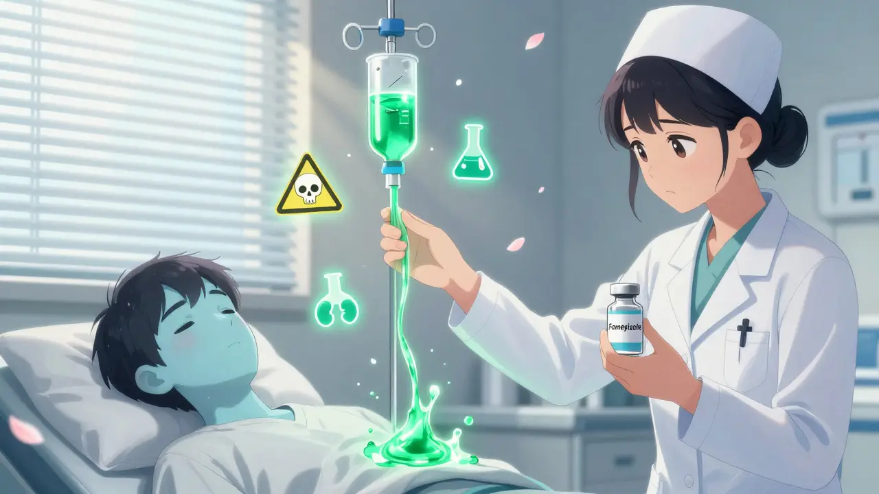 Médecin administre une perfusion de fomepizole verte à un patient aux lèvres bleues, éclats de lumière douce.